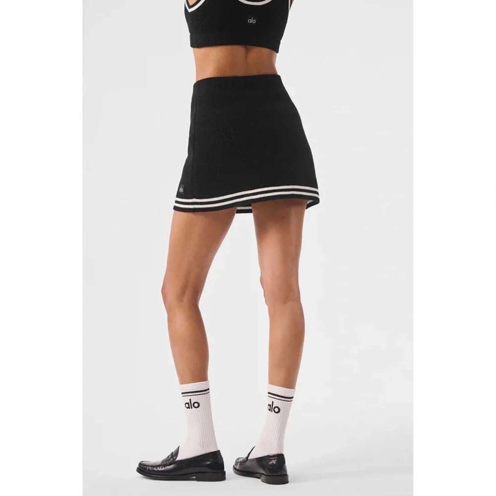 Alo Yoga Tennis Club Sweater Knit Skirt Black/Ivory S